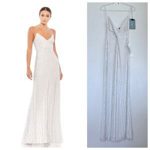 NWT Mac Duggal White Sequin Spaghetti Strap V-Neck Scoop Back Gown in Pearl Sz 2